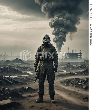 A lone figure in a gas mask surveys a wasteland, with dark plumes rising behind. A stark vision of a dystopian future 114519711