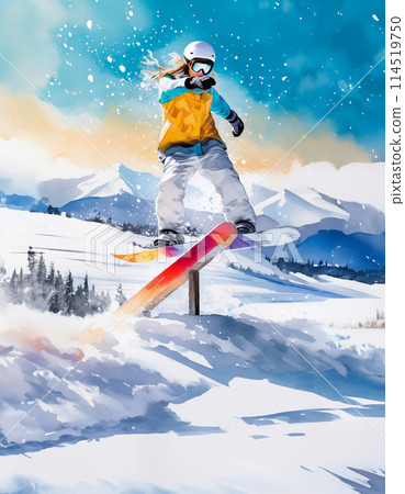 A snowboarder mid-jump against snowy mountains, showcasing skill and adventure 114519750