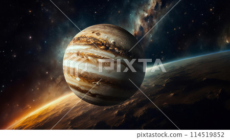 A breathtaking view of Jupiter against a starry backdrop, with a part of another celestial body visible. The universe grandeur is awe-inspiring 114519852