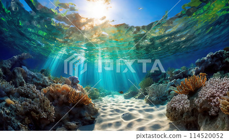 Vibrant underwater scene with colorful corals and sunlight piercing through the water 114520052