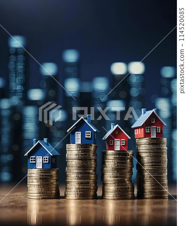Miniature houses on rising coin stacks against a blurred cityscape at night, illustrating investment growth 114520085