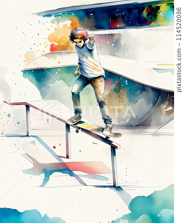 A young boy skateboarding on a rail, surrounded by vibrant, abstract splashes of color. Artistic and dynamic 114520086