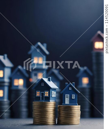 Miniature houses on stacks of coins against a dark backdrop. Symbolizing real estate investment, it portrays financial growth and property value Miniature houses on stacks of coins against a dark backdrop. Symbolizing real estate investment, it portrays financial growth and property value 114520091