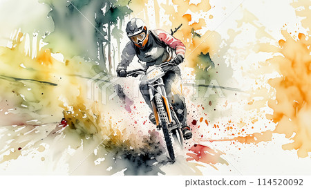Cyclist, with vivid abstract color splashes suggesting swift movement and an adventurous spirit 114520092
