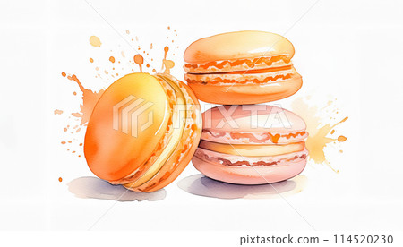 Three colorful macarons with artistic color splashes in the background, evoking a vibrant, appetizing visual 114520230