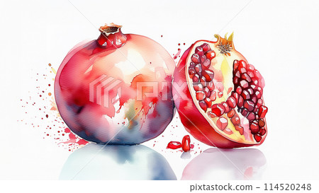 Vivid watercolor painting captures the essence of a sliced pomegranate, its seeds bursting with color 114520248
