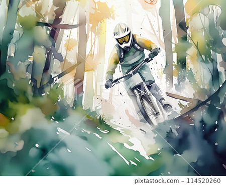 Energetic mountain biker speeds through a lush forest trail, splashing mud. The art, with a watercolor effect, captures motion and nature beauty 114520260