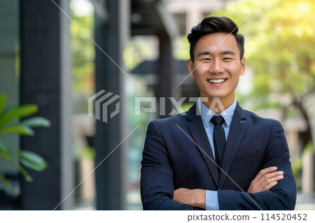 A cheerful Asian male realtor with a confident smile outdoor 114520452