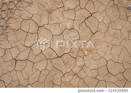 Dry, cracked desert ground with intricate mosaic like pattern in light beige color. Barren landscape implies extreme environment. Texture is rough and parched. Dry, cracked desert ground with intricate mosaic like pattern in light beige color. Barren landscape implies extreme environment. Texture is rough and parched. 114520490