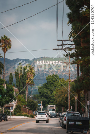 Iconic Hollywood Sign in residential street view, Los Angeles, California. Lined with cars and green trees, focal point of the composition, under partly cloudy skies. Iconic Hollywood Sign in residential street view, Los Angeles, California. Lined with cars and green trees, focal point of the composition, under partly cloudy skies. 114520704