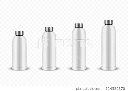 Vector Realistic 3D White Metal Blank Glossy Reusable Water Bottle with Silver Bung Closeup Isolated, Different Sizes. Design Template of Packaging Mockup. Front View 114520870