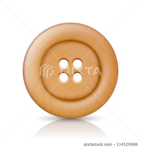 Vector Beige or Brown Color Wooden Four Hole Clothes Button Closeup, Isolated on White Background with Reflection. Round Button, Front View 114520906