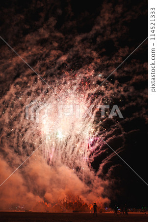 Vibrant fireworks light up the night sky at a desert music and art festival. Pink and white bursts contrast against dark backdrop, creating awe for attendees. Vibrant fireworks light up the night sky at a desert music and art festival. Pink and white bursts contrast against dark backdrop, creating awe for attendees. 114521333