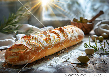 Sunlit artisan baguette with olives and rosemary. Generative AI. 114522188