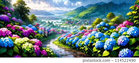 下雨天，路邊的繡球花盛開 114522490