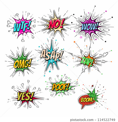 Speech bubble, boom sign expression and pop art text frames 114522749