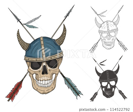 Hand drawing of a skull in a horned helmet and two arrows Hand drawing of a skull in a horned helmet and two arrows 114522792
