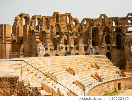 Tiers of seating and remnants of walls of El Jem Amphitheatre in Tunisia 114522825