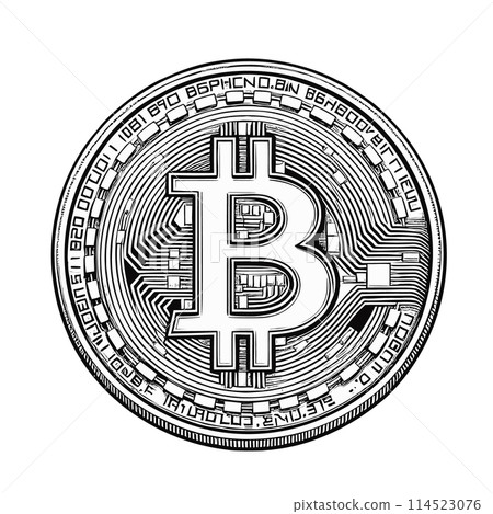 Monochrome Engraved drawing of bitcoin isolated on white BG 114523076