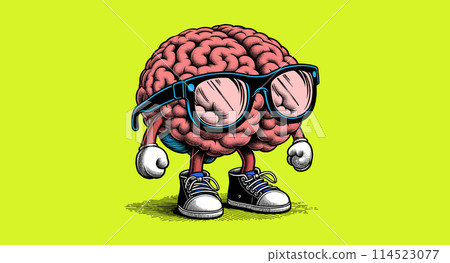 cartoony brain character with glasses on green BG 114523077