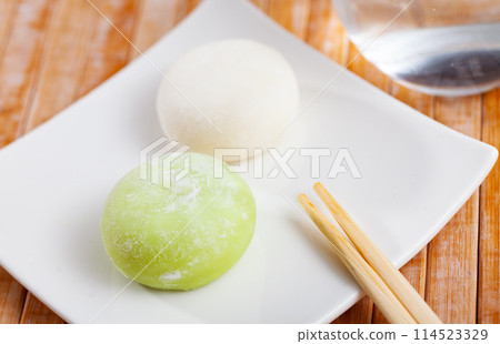 Japanese matcha and original mochi or daifuku dessert closeup 114523329