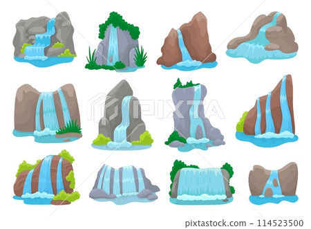 Isolated waterfall. Cartoon waterfalls, nature landscape elements. River and lakes, mountains, rocks and tree. Water streams, touristic neoteric vector set Isolated waterfall. Cartoon waterfalls, nature landscape elements. River and lakes, mountains, rocks and tree. Water streams, touristic neoteric vector set 114523500