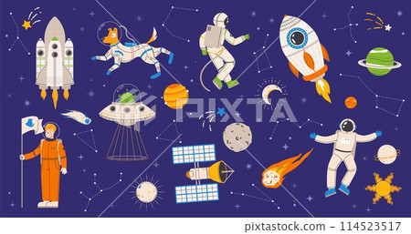 Space explorers set. Ufo in spaceship, satellite and astronauts. Different cartoon cosmonauts, star constellation and planets, snugly vector set 114523517