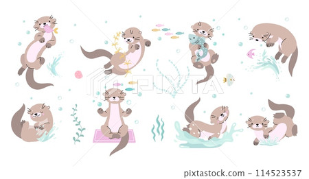 Cute otters characters. Otter poses isolated cartoon set. Funny animals swimming in river or lake, eating and playing. Nature nowaday vector clipart Cute otters characters. Otter poses isolated cartoon set. Funny animals swimming in river or lake, eating and playing. Nature nowaday vector clipart 114523537