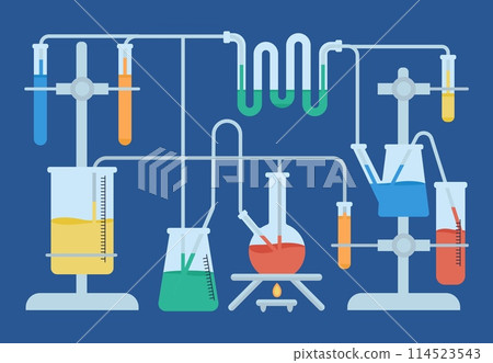 Science chemistry research. Medical or chemical laboratory tools and equipment, glassware and tubes system. Science test decent vector concept 114523543