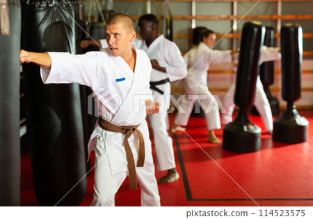 Portrait of concentrated man in kimono practicing powerful body punches on heavy punchbag during workout Portrait of concentrated man in kimono practicing powerful body punches on heavy punchbag during workout 114523575
