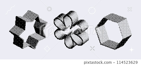 Bitmap textured shape set. Dither halftone objects collection. Black 3d flower, star, hexagon elements for banner, poster, leaflet. Abstract pixelated raster effect bundle. Vector pack 114523629