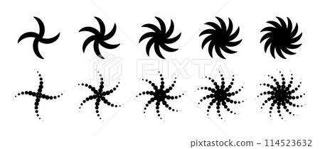 Different twist or swirl element set. Black twirl and rotating line collection. Solid and dotted radial revolving whirlwind symbol bundle. Tornado or whirlpool rotation effects. Vector graphic design 114523632