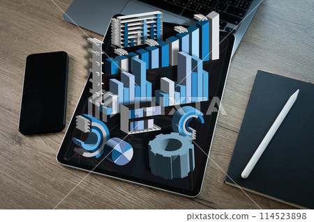 Using a computer, an analysis businessman Working at a home office while standing at a desk is the Data Marketing Management System datum analytics chart and graph dashboard. Using a computer, an analysis businessman Working at a home office while standing at a desk is the Data Marketing Management System datum analytics chart and graph dashboard. 114523898