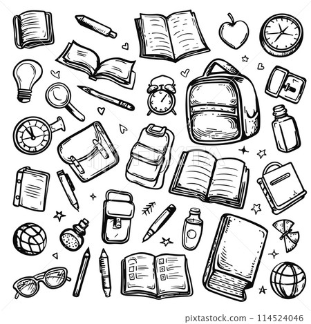 Doodle black and white school elements set. Isolated on white 114524046