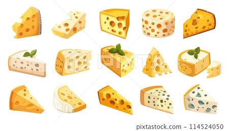Different cheese types. Yellow cheese. Peace of cheese. Isolated vector set Different cheese types. Yellow cheese. Peace of cheese. Isolated vector set 114524050