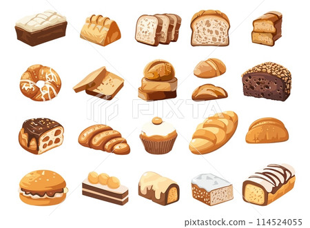 Different bread and bakery items. Cartoon style. Isolated vector set 114524055