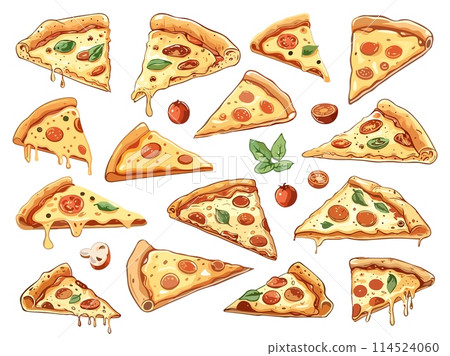 Different angle pizza pieces set with melted cheese. Italian tasty food vector set Different angle pizza pieces set with melted cheese. Italian tasty food vector set 114524060