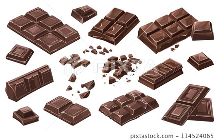 Chocolate bar in different angles . Chocolate bonbones set. Opened chocolate bar. Pieces of chocolate 114524065