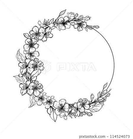 Hand drawn wreath of apple flowers. Round frame decorated with flowers and leaves, vintage engraving, vector illustration for anniversary, wedding, card. 114524073