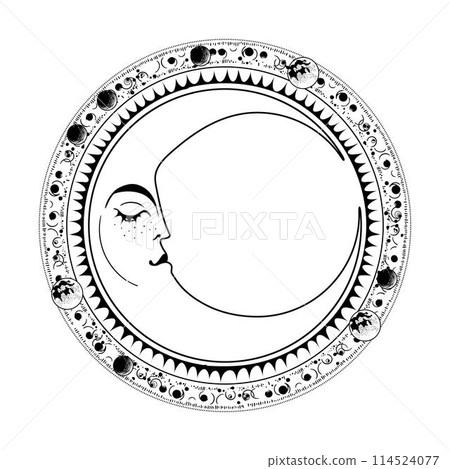 Crescent moon with face, celestial line tattoo, black and white logo, vintage engraving of zodiac symbol, astrology. Hand drawn vector illustration isolated on white background. 114524077