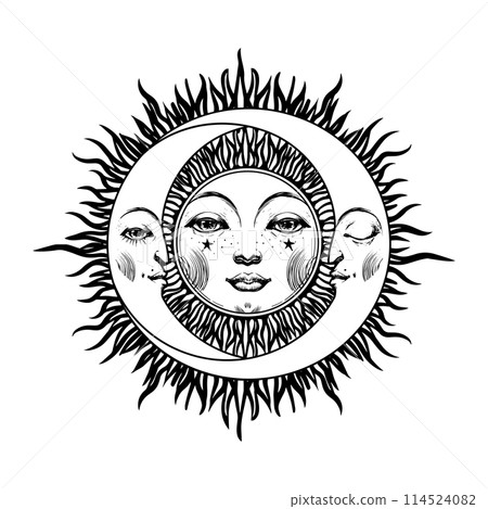 Sun with face and two crescents, moon phases, eclipse symbol, astrological boho tattoo for witch. Modern hand drawn icon for zodiac and horoscope, Vintage vector logo. 114524082