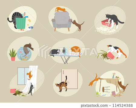 Behavior cats. Domestic pets kitten destroying home rooms indoor scratching furniture recent vector cats pictures in flat style 114524388