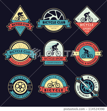 Bicycle badges. Set emblem for bike cycling recent vector gears wheels bicycle parts Bicycle badges. Set emblem for bike cycling recent vector gears wheels bicycle parts 114524390