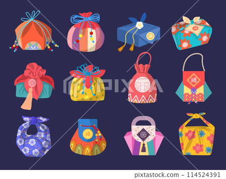 Asian package. Gift textile or cardboard containers with ribbons japanese gift bags recent vector cartoon illustrations 114524391
