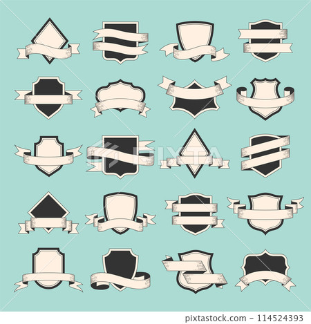 Ribbons badge. Frames different geometric shapes with stylized ribbon decoration design with place for personal text recent vector collection set 114524393