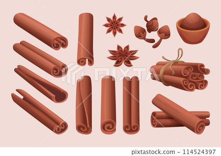 Cinnamon. Cooking natural spice exact vector aromatic food with cinnamon Cinnamon. Cooking natural spice exact vector aromatic food with cinnamon 114524397