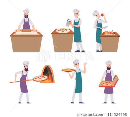 Cooking. Chef preparing delicious restaurant food stages of cooking pizza exact vector cartoon illustrations Cooking. Chef preparing delicious restaurant food stages of cooking pizza exact vector cartoon illustrations 114524398