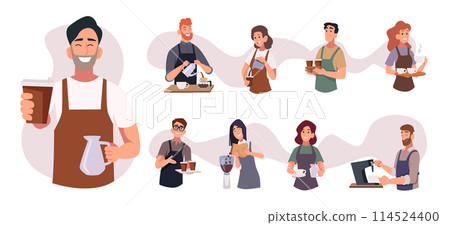 Barista person. Making delicious cappuccino americano coffee latte exact vector barista profession 114524400