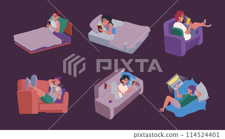 Phone in bed. People in bed using gadgets nightly time exact vector concept pictures about cell phone addiction 114524401