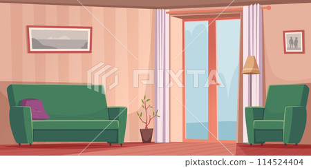 Living room interior with entrance on balcony and armchair with sofa 114524404